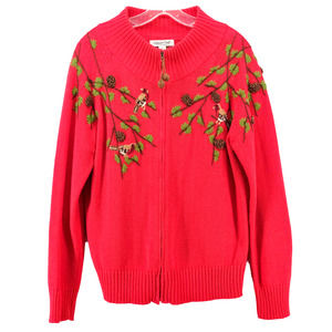 Coldwater Creek Embroidered Chickadee Zip-front Cardigan Large